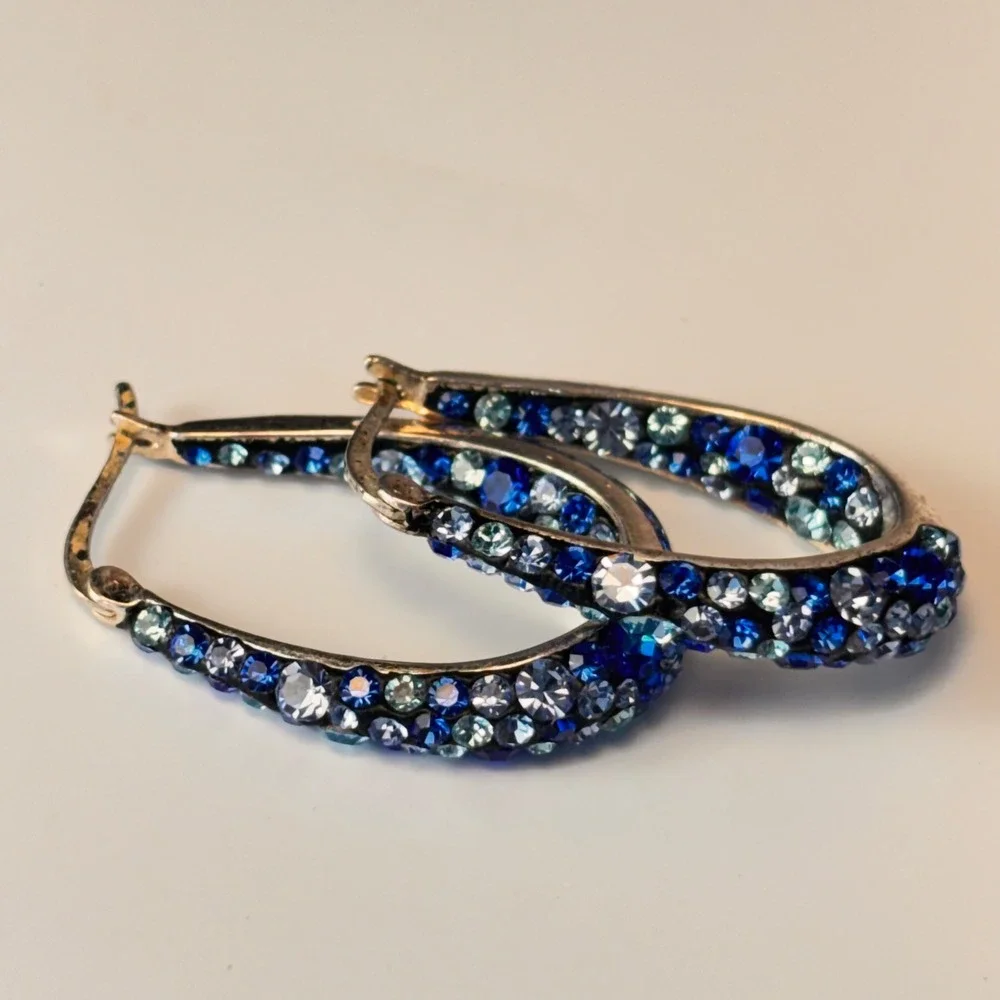 Vintage Hoop Earrings Blue Crystal Brass Thailand Boho Statement Jewelry